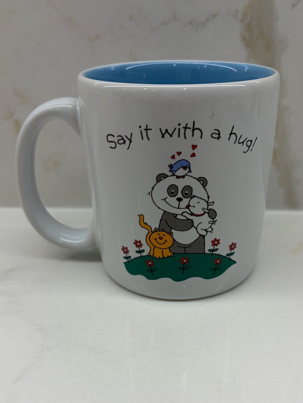 Vintage ‘Say it With a Hug’ Coffee Tea Mug Carlton Cards Panda Dog Cat Hugging